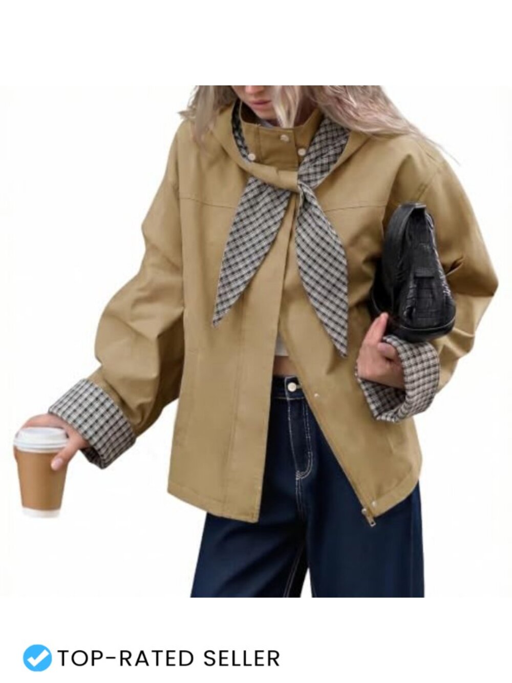 Cropped Trench Coat Jacket Plaid Detachable Hood Snap Button Zip